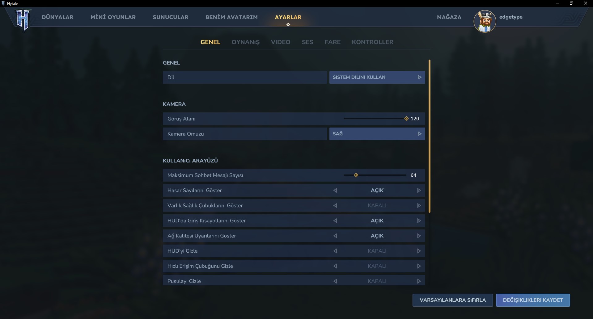 Oyunun grafik ayarları ekranı