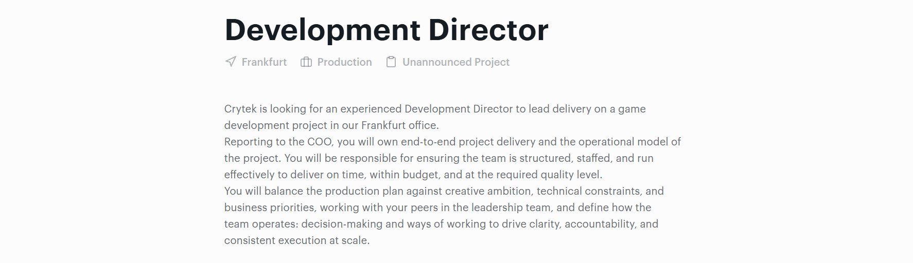 Crytek's job posting on its official career page