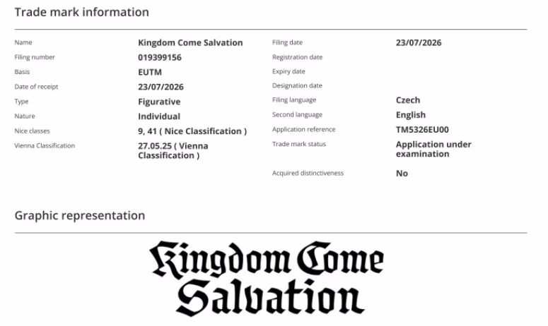 Kingdom Come Salvation ticari marka başvurusu