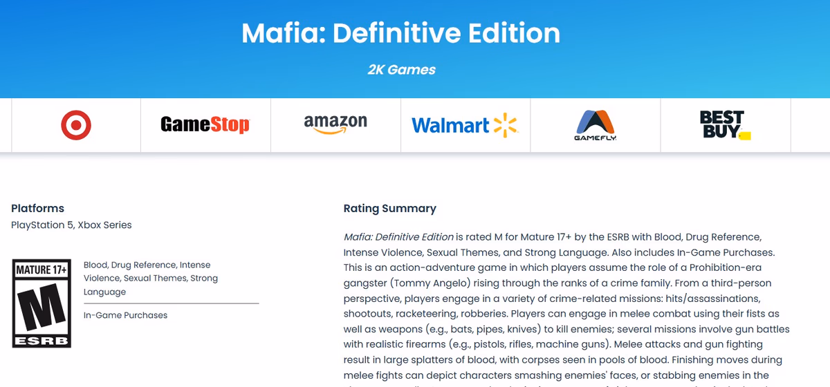 Mafia Definitive Edition PS5 ve Xbox Series X|S ESRB derecelendirmesi