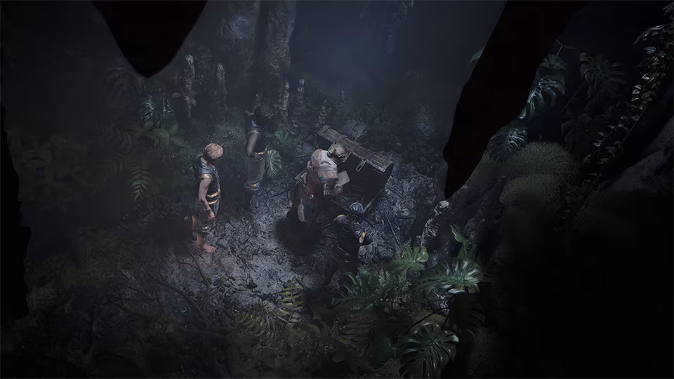 AC Black Flag Resynced gizli topluluk sandığı, ormanlık bir mağarada Edward Kenway ve korsanların karanlıkta sandığı açtığı sahne