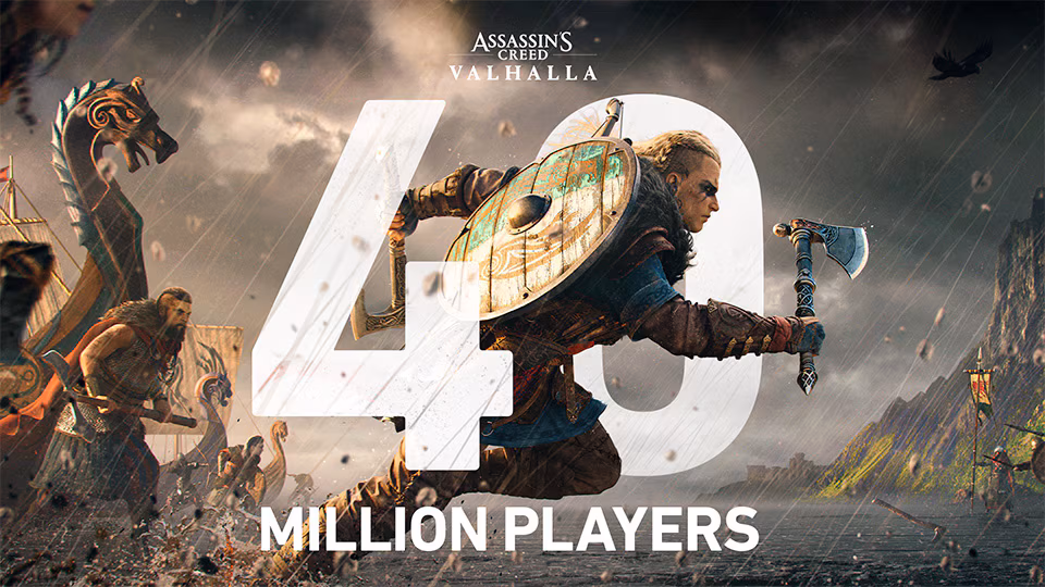 Assassin's Creed Valhalla 40 milyon oyuncu görseli: Eivor'un kalkanı ve baltasıyla savaştığı, arka planda Viking gemisi ve yağmur altındaki manzaranın yer aldığı 40 Million Players kapak görseli